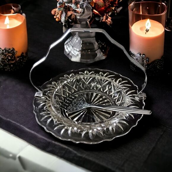 Sheffield Glass Server Plate Set Chrome Fork Holder Vintage Seafood Appetizers. - Picture 13 of 16